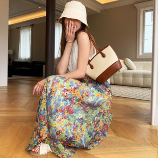 莫奈油画半身裙女高m腰显瘦法式 复古碎花裙压皱质感度假风a字长裙