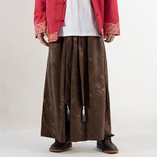 佛系禅修汉服裤 民族复古中式 中国风飘带大码 阔腿裤 子 龙纹印花大码