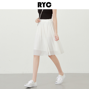 百褶裙半身裙夏季 雪纺松紧腰中长裙学院风百搭网纱a字裙 2m021新款