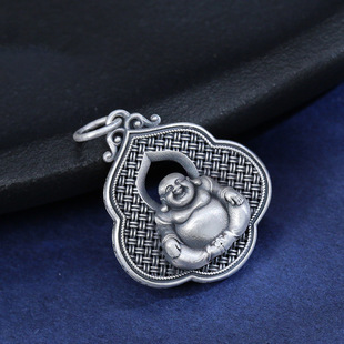 吊坠项链男女999复古挂件弥勒佛花丝镂空吉祥佛像纯银佛公