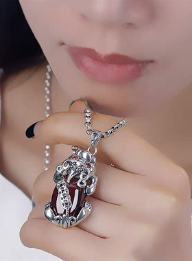 s925银红石榴石貔貅吊坠女个性项