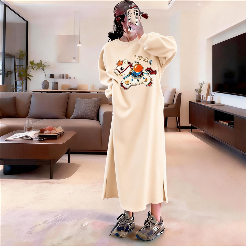 春秋冬慵懒风圆领T恤裙女装新款宽松显瘦外穿长款过膝开叉连衣裙,女装/女士精品,连衣裙,淘宝优惠券,粉丝福利购,淘宝优惠卷