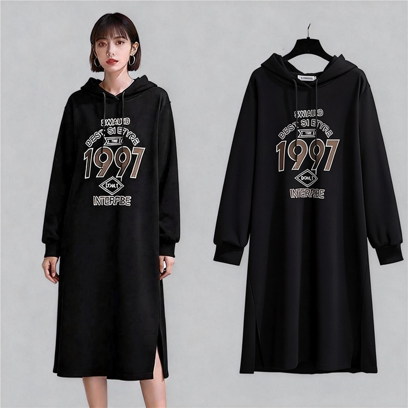 有口袋开叉长袖连帽卫衣裙女装秋冬新款过膝中长款时尚百搭连衣裙