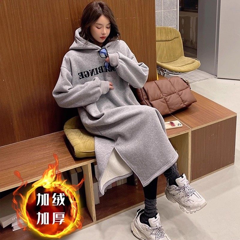 敏潮格伦美式纯棉连帽卫衣裙女装秋冬加绒宽松休闲直筒连衣裙