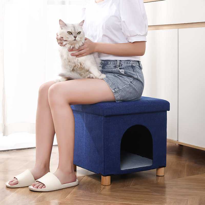 厂家直销宠物猫狗收纳凳棉麻布艺狗窝猫窝可折叠储物凳实木脚茶几