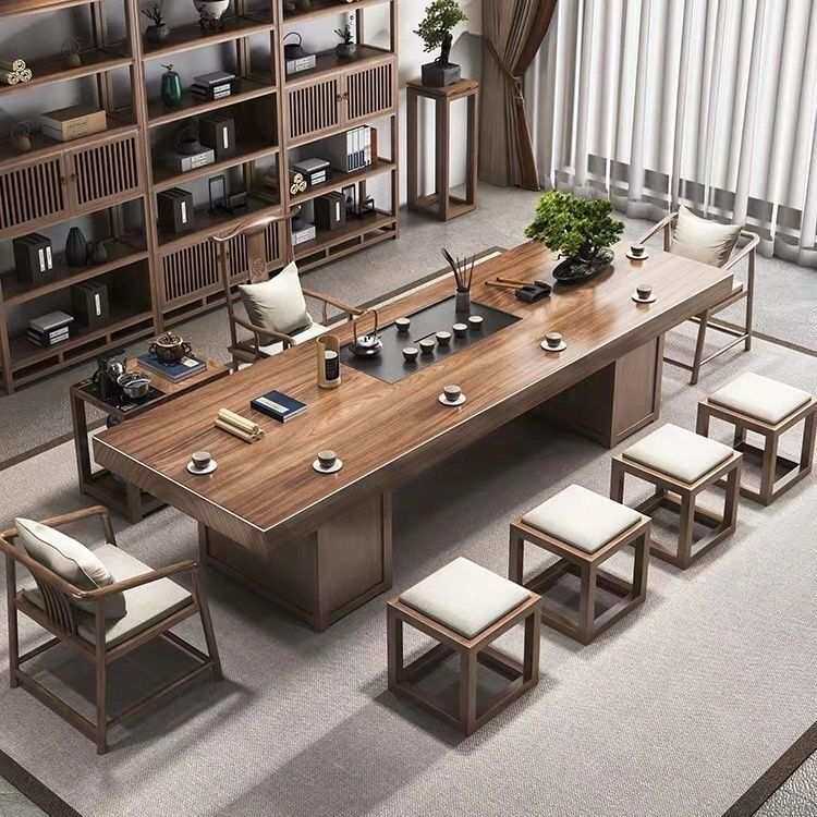 实木大板茶桌全套办公室乌金石茶桌椅组合一体大板茶台茶室喝茶桌