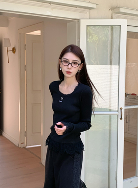 FEIMAO（YIMAO）-早春韩系气质拼接蕾丝甜美百搭套头针织衫