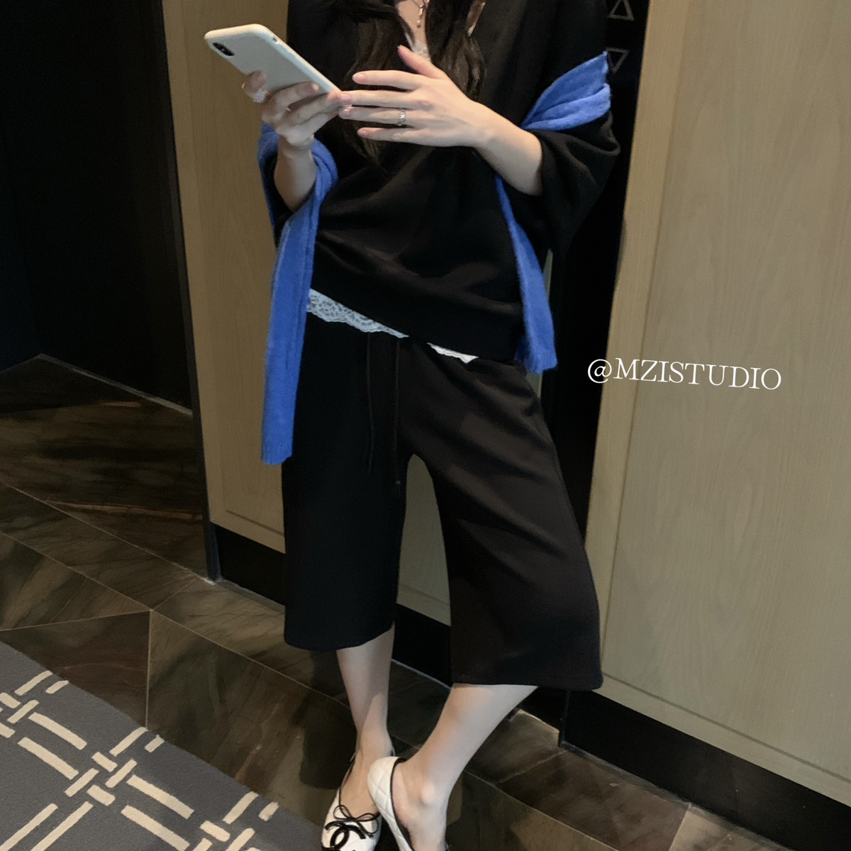 MZI STUDIO-日简约大v领宽松卫衣+柔软舒适抽绳七分裤套装111506#图片