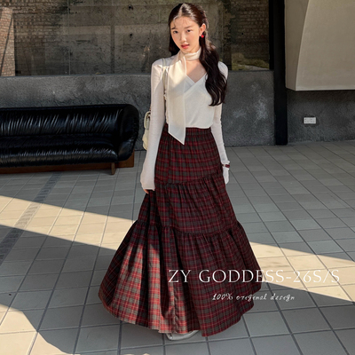 ZY GODDESS-伦风时尚苏格兰红格韩版松紧高腰拼接蛋糕长裙半身裙