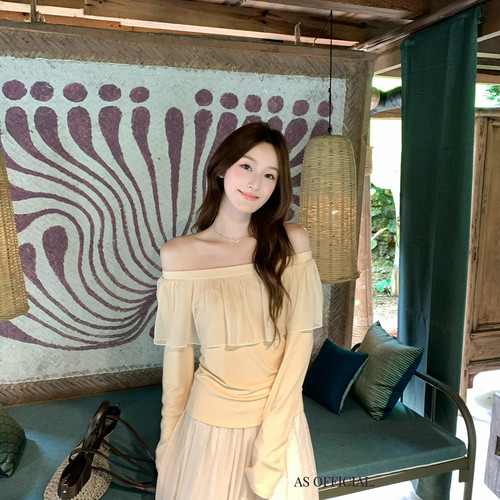 AS OFFICIAL-嗲欲2.0美女氛围绝美网纱荷叶边设计一字肩小衫28620