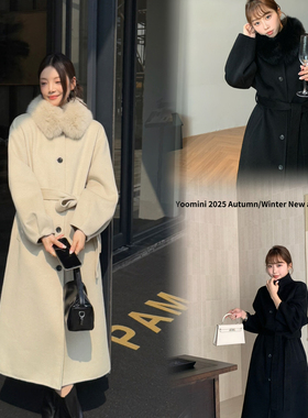 YOOMINI-2025冬羊毛外套(配腰带,可拆卸真狐狸毛毛领)（含50羊毛