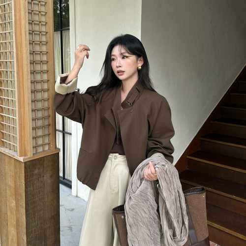 AO2秋短款工装外套女立领收边宽松小个子休闲夹克短外套6210