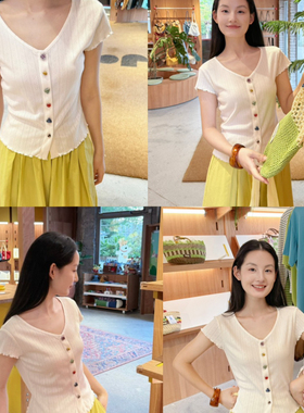 DIGM-系时尚简约百搭彩色扣设计收腰显瘦针织短袖T恤小衫A67230-1