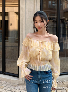 ZY GODDESS-新法式浪漫晕染印花荷叶边氛围感一字肩小衫25286印花