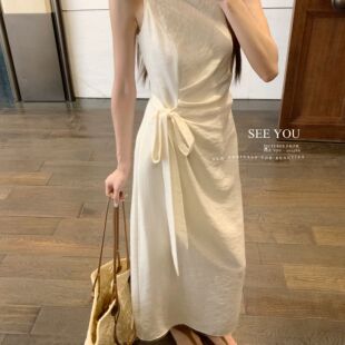 背心连衣裙F023 85天丝15麻气质舒适方领腰间收褶显瘦长款 SEE YOU