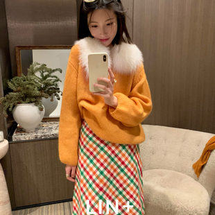 强推 半身裙 本自留miu系高能量女孩气质彩虹毛呢中裙A版 LIN