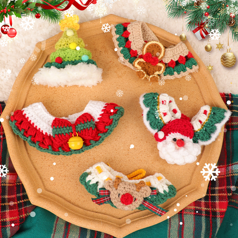 2025新款宠物圣诞节猫咪围脖口水巾狗针织项圈节日装扮围兜圣诞帽