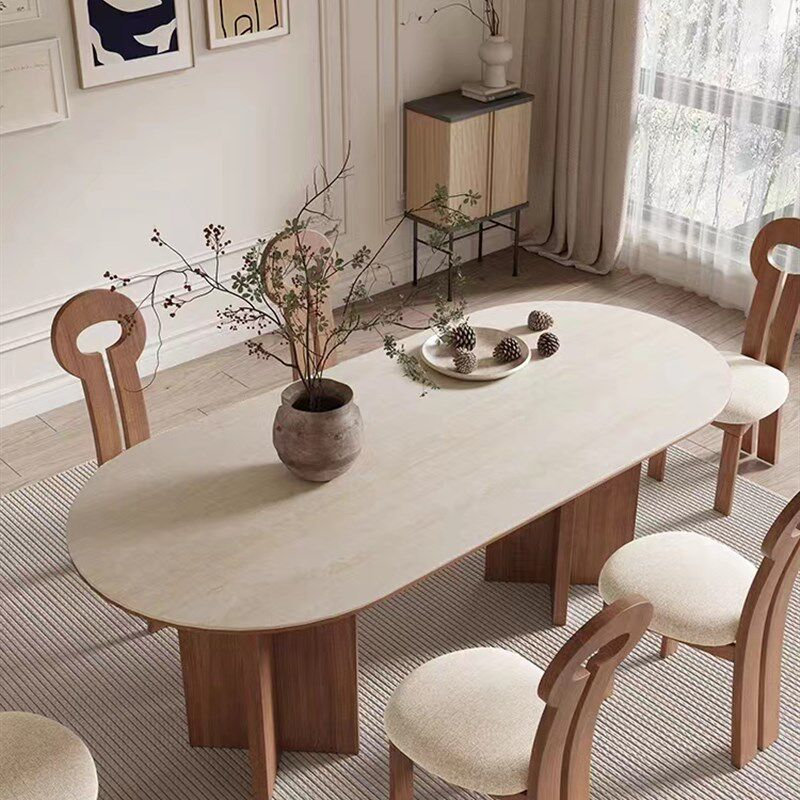法式奶油风洞石岩板餐桌饭厅家用小户型饭桌椭圆形实木餐桌椅组合,住宅家具,岩板餐桌,淘宝优惠券,粉丝福利购,淘宝优惠卷
