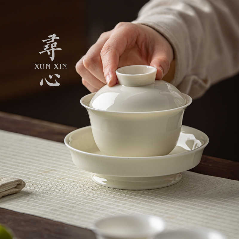 大号杏白釉手工三才盖碗茶杯家用陶瓷单个不烫手泡茶碗普洱茶碗
