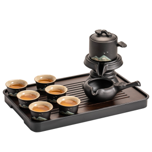 家用客厅办公会客茶壶功夫茶杯石磨泡茶神器 黑陶懒人自动茶具套装