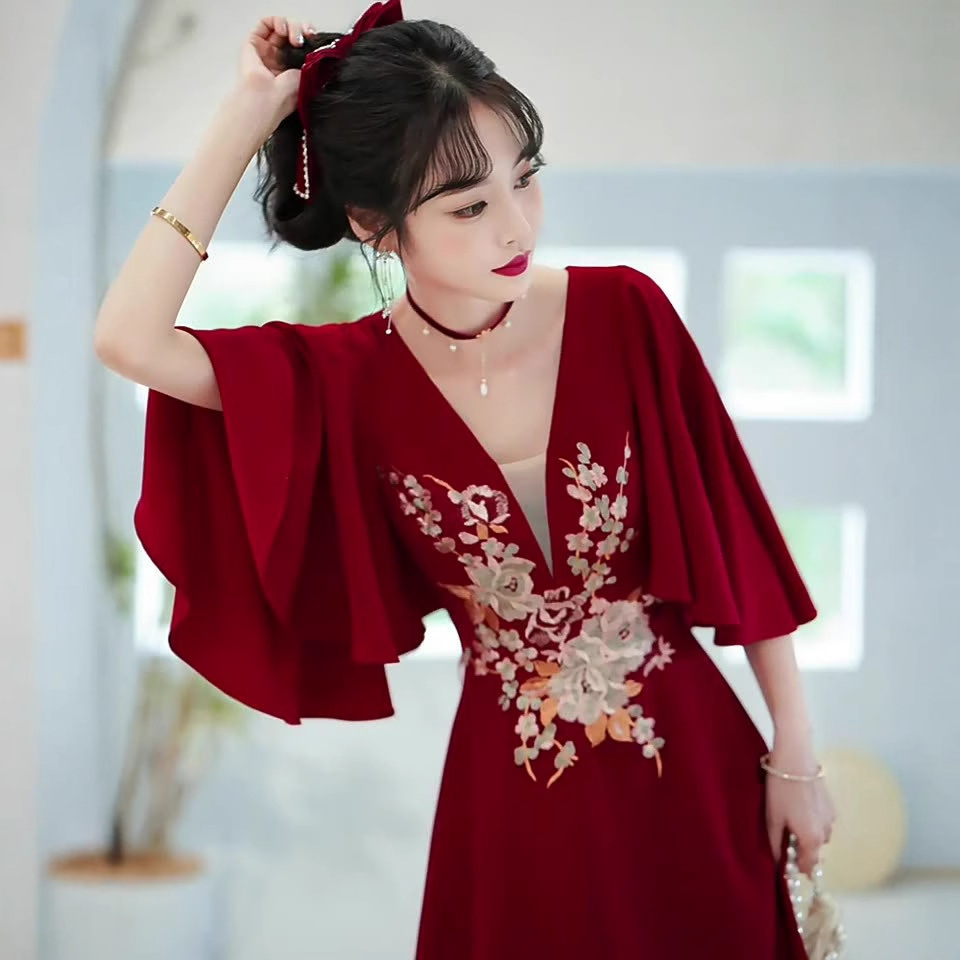 中式敬酒服新娘红色长款结婚女大码小个子回门结婚便装订婚礼服