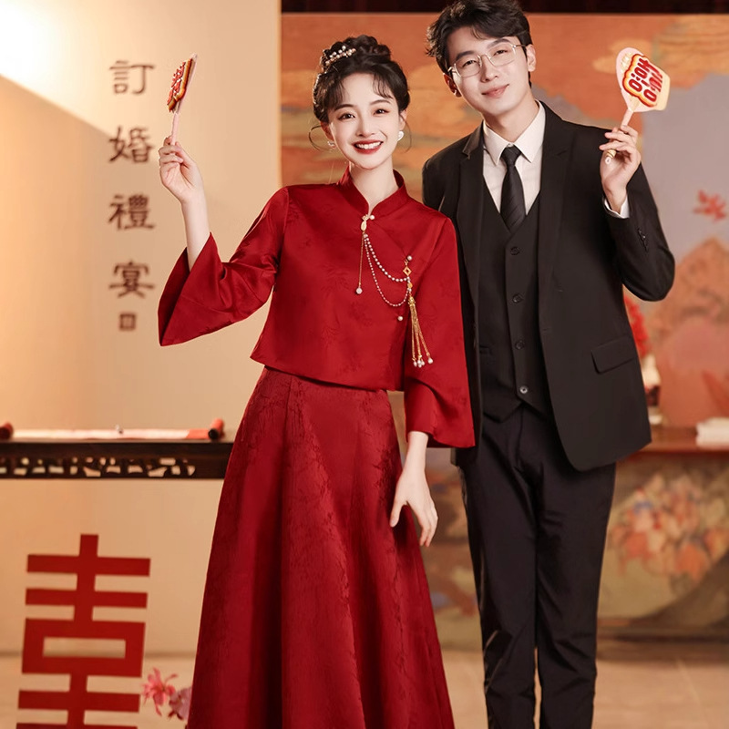 红色敬酒服新娘旗袍出阁套装结婚当天便装回门新中式订婚礼服裙子