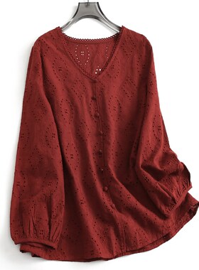红色镂空蕾丝花h边V领宽松显瘦2025春季新款灯笼袖减龄女衬衫K478
