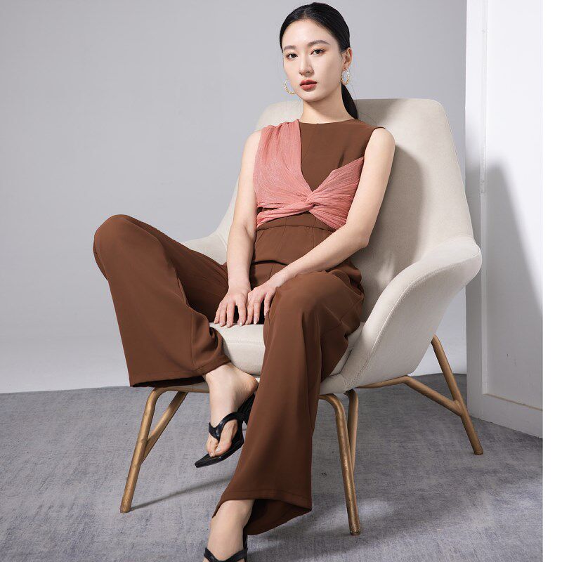 2024新款撞色气质女神范v连体裤女夏雪纺设计感连衣裤高级感阔腿