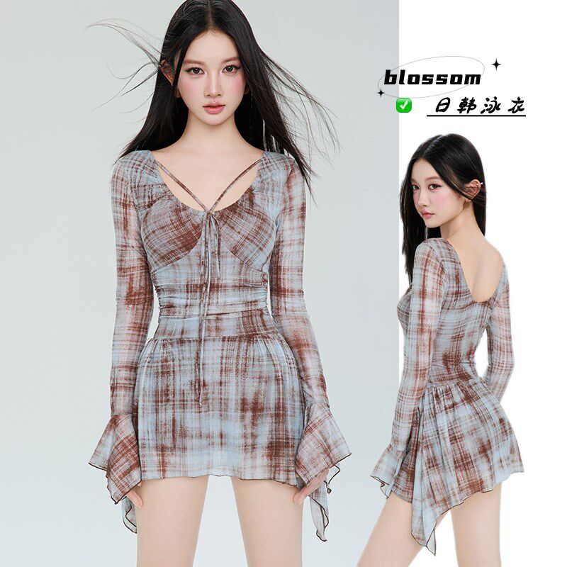 blossom格子高级n感泳衣女2025新款爆款裙式连体遮肚小众泡温泉in