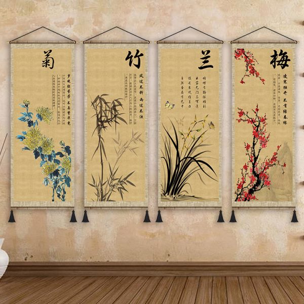 中式梅兰竹菊复古四联布艺挂画墙壁背景装饰画美化空间挂毯画挂布图片