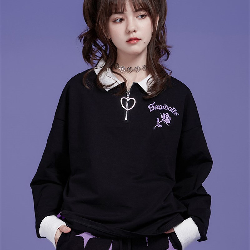 SagiDolhls少女斗志黑色甜酷玫瑰宽松刺绣长袖POLO甜辣俏皮T恤秋