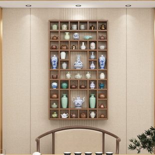 实木格子架墙上置物架壁挂收纳柜茶壶茶杯茶叶展示架多宝阁博古架
