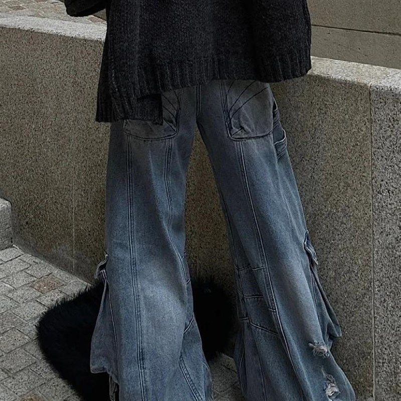 大码美式高街重工水洗多口袋工装裤女新款辣N妹解构设计感拖地长,女装/女士精品,大码裤装,淘宝优惠券,粉丝福利购,淘宝优惠卷