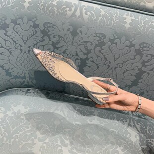 仙女水钻透明凉鞋2023夏季新款一字带小众包头Q平底鞋水晶低跟女