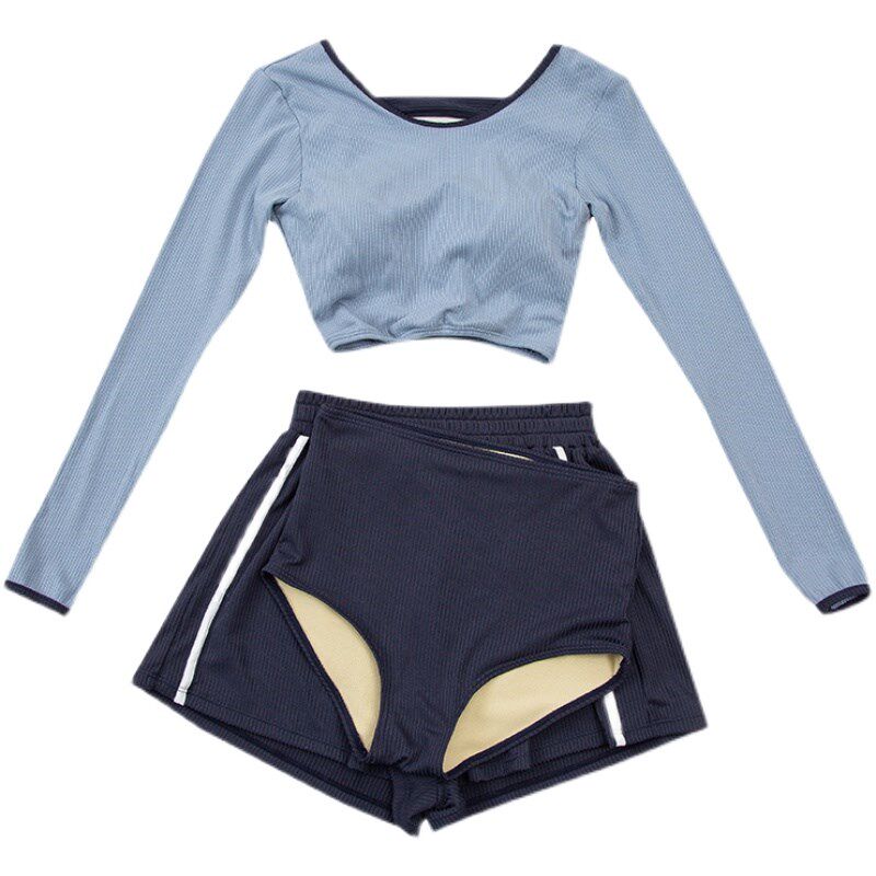 青少年泳衣女g款学生夏游泳馆少女分体式保守长袖平角裤小个子