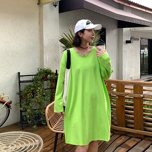 大圆领t恤女长袖2024夏季大码宽松过膝韩版慵懒T风纯棉内搭打底衫