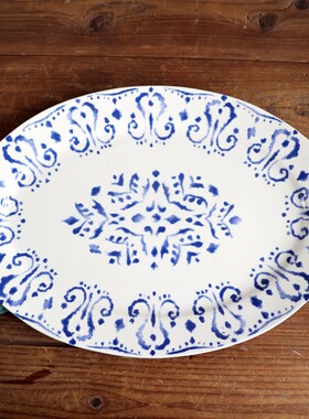 蓝色线条陶瓷椭j圆盘子 41厘米大号鱼盘 家用餐具菜盘装饰挂盘