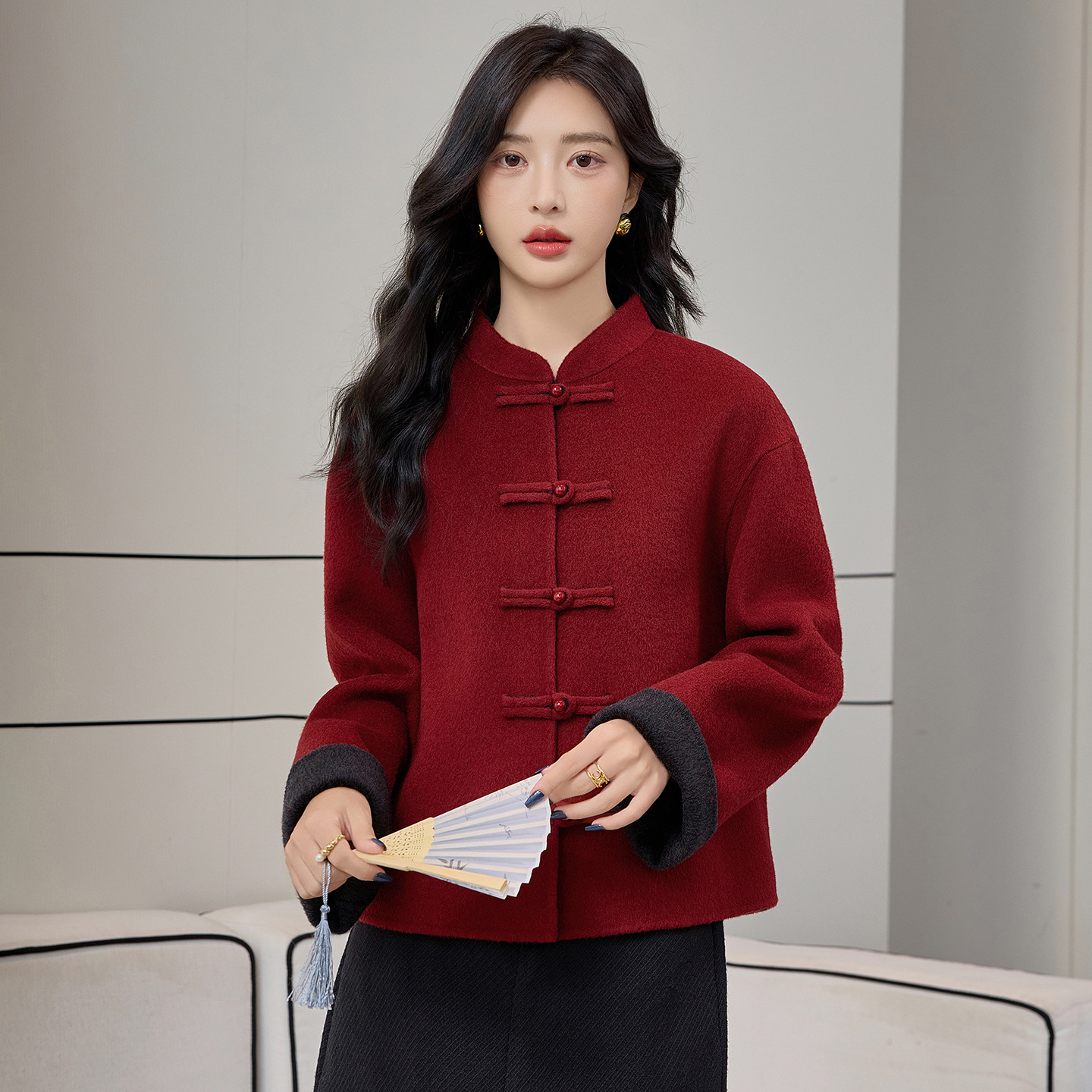 双面羊绒大衣女短款小个子秋冬宽松盘扣妈妈装羊毛呢外套女新中式