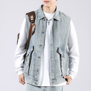 休闲百搭街头工装 外套时尚 口袋背心外套潮 宽松l无袖 牛仔马甲男士