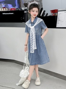 女童连衣裙202j5新款夏装洋气时髦儿童短袖牛仔裙夏季女大童裙子