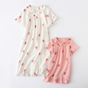 睡裙女孩儿童家居服宝宝睡 双层纯棉纱布C短袖 亲子母女装 女童夏季