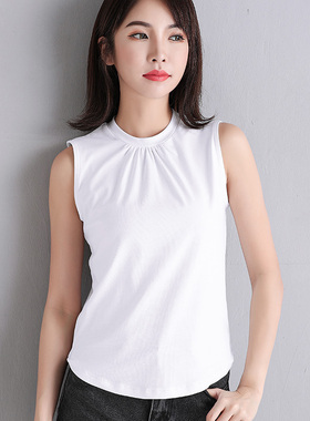 白色纯棉吊带背心女内p搭夏季新款褶皱修身外穿无袖t恤打底衫上衣