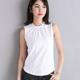 t恤打底衫 白色纯棉吊带背心女内p搭夏季 外穿无袖 褶皱修身 上衣 新款
