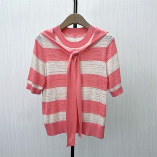 女气J质宽松显瘦打底衫 fei2025春季 针织衫 条纹短袖 上衣530 新品