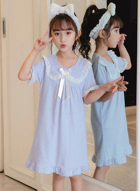 小学生睡裙女童睡衣夏女2021年新款夏儿童睡衣女V孩夏季纯棉裙子