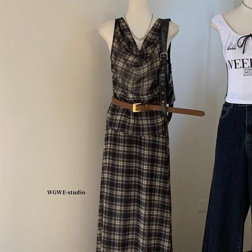 复古格子荡领g吊带背心+高腰大摆半身裙法式气质两件套装(配腰带)