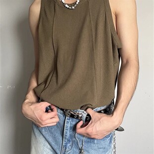 肌理感坑条拼接老汉背心男夏季潮牌运动健身无P袖t恤宽松内搭汗衫