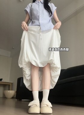 白色花苞裙夏季女大码胖mm显瘦灯笼蓬蓬J半身长裙梨型身材伯克利