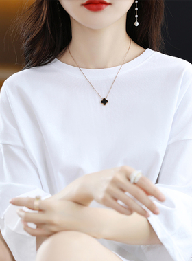 白色中长款圆领短袖T恤女纯棉宽松大版纯色背心胖Smm显瘦大码上衣