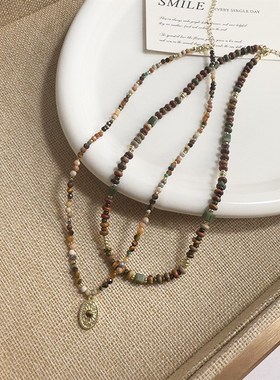 美拉德咖色虎眼石水晶串珠项链小众复古轻奢高级感时尚百搭锁骨链